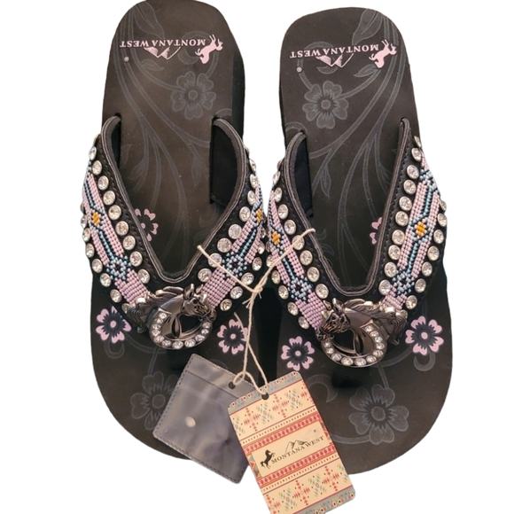 Montana West Wedge Flip Flop, Bling Aztec Western Style With Horse Head - Picture 1 of 17